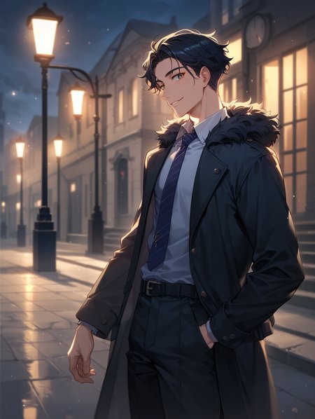 (score_9, score_8_up, score_7_up:1.33),source_anime,best quality,amazing quality,best aesthetic,absurdres,1boy,(Cool Hairstyles For Men With Wavy Hair:1.21),male focus,skinny,black hair,handsome detailed face,long coat,open coat,collared shirt,pants,flirt,sexy smile,night park,streetlights,<lora:aesthetic_anime_v1s:1>,<lora:pcm_sdxl_normalcfg_16step_converted:1>,
