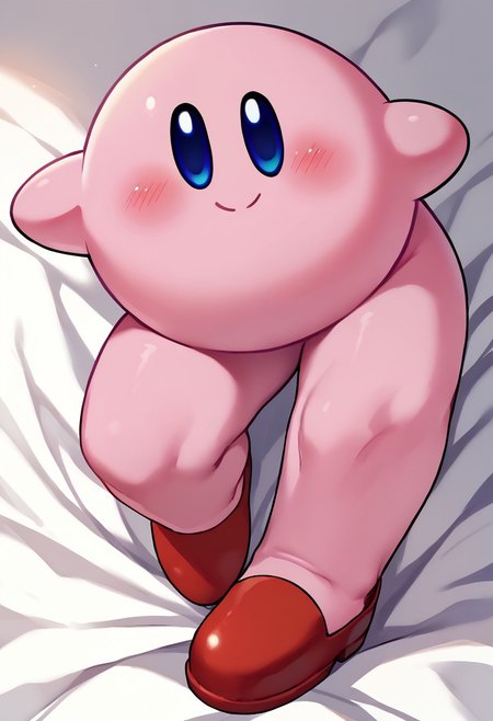 score_9, score_8_up, score_7_up BREAK LongKirby, dark blue eyes, pink body, blush, red shoes, smiling at viewer,