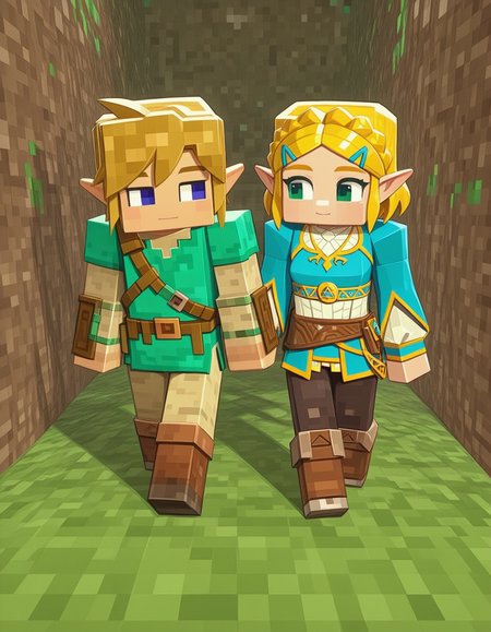 1girl, princess zelda, 1boy, link, legend of zelda, green tunic, side by side, minecraft filter, masterpiece, best quality, amazing detail, high definition,