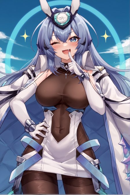 score_9, score_8_up, score_7_up,anime_source, source_anime, best background, detailed background, anime screencap  New Jersey, Main Outfit, solo, looking at viewer, blush, smile, open mouth, simple background, standing, cowboy shot, one eye closed, fang, hand on own hip, sparkle, :3, skin fang, hand on own chin  <lora:JN_New_Jersey_Pony:0.8>