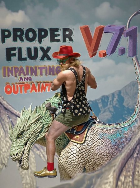 HD high quality cinematic fantasy movie photo of a man from behind, in a side view, wearing a cowboy hat and golden metallic yellow shoes, he is riding atop a massive green dragon outfitted with a sturdy saddle, the dragon left wing on the left side is clse to the foreground, the dragon is soaring through the skies, offers an exhilarating and majestic experience. The's powerful wings create gusts of wind as it glides, its emerald scales shimmering under the sunlight, while the saddle ensures a secure and comfortable seat for the rider. Letters are floating on the air wih text information "Proper Fux Inpainting and Ouptainting" and "V7.1"
ðï¸ [Inpainted with Loras]: <lora:Westeros_v3_rank16_bf16-step02485>\.safetensors:[^ ]*<lora:Sony_a7_III>\.safetensors:[^ ]*<lora:flux1-canny-dev-lora>
ð¯<lora:flux\Westeros_v3_rank16_bf16-step02485.safetensors:0.7:0.7>
<lora:flux\Sony_a7_III.safetensors:0.7:0.7>
<lora:syml\lorasym\Flux\flux1-canny-dev-lora.safetensors:0.55:0.55>