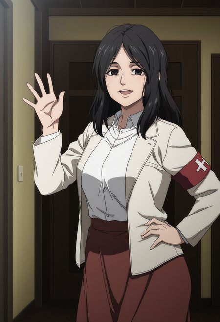 1girl,solo,mm,mature female,black hair,long hair,black eyes,anime coloring,
jacket,armband,collared shirt,white shirt,skirt,red skirt,long skirt,open jacket,waving,hand on own hip, open mouth, smile,looking at viewer, indoors
,masterpiece,best quality,amazing quality,<lora:Pieck_Finger-Shingeki_no_Kyojin-The_Final_Season:0.8>