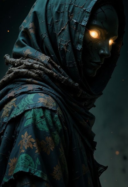 A S1n0z1ck style surreal, m100-style gothic scene in a dimly lit, This scene describes a close-up of a dark, tattered hood, seemingly empty, yet from within its shadowy depths, two ghostly eyes faintly glow with a menacing, almost malevolent light. The hood belongs to a long coat that appears much darker now, with muted, almost blackened hues of deep greens, dark blues, and earthy browns. The intricate patchwork still remains, but its colors are faded and worn, giving the garment an ancient, weathered appearance, as if it has survived many eerie nights. The patterns, once vibrant, are now subdued and twisted, almost blending into the dark fabric like ghostly shapes.
The coat’s edges, stitched with dark green thread, now look more frayed and rough, as if they've been slowly unraveling over time. The large dark blue floral patch on the left side is barely discernible, its outline faintly visible in the low light, while the smaller floral embroidery on the right is dulled, as though the colors have been drained by years of exposure to darkness. The subtle pattern on the wide sleeve has become distorted, almost as if it is alive, shifting with a faint, eerie glow. The deep green lining peeks out from the collar like a shadow creeping out of the void, enhancing the coat’s dark and ominous presence.mythp0rt