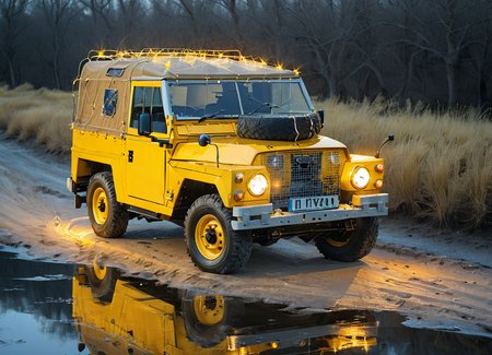 native american man driving a yellow lghtwght land rover, top down, outside, lights, highly detailed, cinematic, colorful, reflections,  energy, engraved
 <lora:Lightweight_Land_Rover_SDXL:0.7> <lora:ArtfullyME_SDXL__v1:0.7> Artme