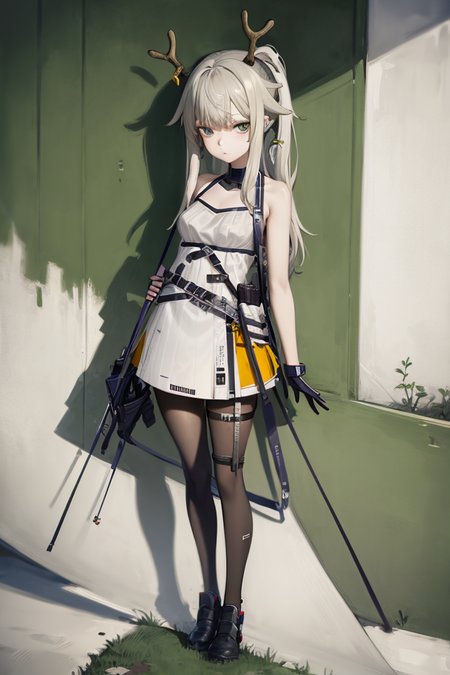 (masterpiece),(((best quality))), ((ultra-detailed)), (illustration), ((an extremely delicate and beautiful)),1girl, antlers, bangs, bags under eyes, breasts, expressionless, eyeliner, green eyes, grey hair, hair flaps, long hair, mole, mole under eye, ponytail, reindeer antlers, sidelocks, small breasts, solo,boots,rangers \(arknights\),absurdres,commentary,highres,full body