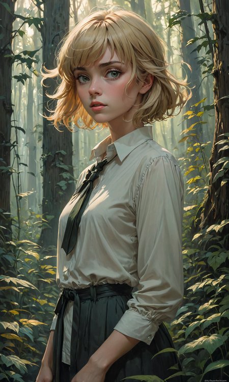 The most beautiful androgynous person ever, blonde hair with bangs alone, wearing a white shirt in a dark green and gold forest at dusk by Artgerm and Greg Rutkowski and Alphonse Mucha and Craig Mullins, James Jean, Andrey Ryabovichev, Mark Simonetti and Peter Morbacher 16k resolution. Realistic artwork with <lora:Fast:0.15>