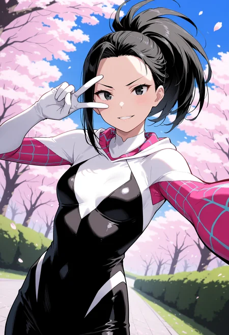 masterpiece, best quality, 1girl, solo, yaoyorozumomo, black hair, ponytail, long hair, hair pulled back, hooded bodysuit, spider web print, bodysuit, hood, gwenstacy, hood up, petals, outdoors, selfie, outstretched arm, taking picture, black eyes, cherry blossoms, branch, blue sky, reaching towards viewer, upper body, looking at viewer, peace sign, hand up, v over eye, v-shaped eyebrows, smile, parted lips