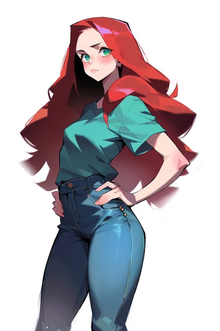 <lora:Viktortitov:1>, score_9, score_8_up, score_7_up, score_6_up, score_5_up, rating_questionable, source cartoon
1girl, pretty face, pretty eyes, detailed eyes, HD eyes, thick thighs
hands on hips, standing, cowboy shot
looking at viewer, blush, eyebrows, long hair, red hair, green eyes jeans, green t-shirt, boots, high waisted jeans
simple background, white background