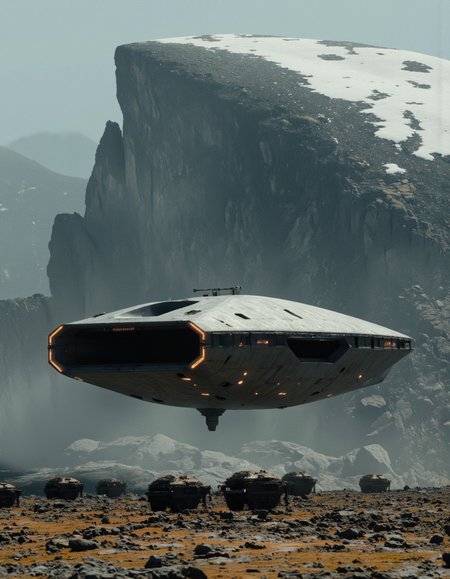 By Paul Chadeisson. A photo-realistic shoot from below about a futuristic spaceship flying over a rocky landscape with a large rock formation in the background. the image also shows a dramatic and atmospheric scene. on the middle of the image, a large, futuristic spaceship appears to be floating in the air, with a sleek, metallic design and glowing orange lights at the front. the ship has a pointed nose and a stern, and there are several smaller, armored vehicles on the ground below it. the background features a rocky mountain with snow-capped peaks, and the sky is filled with a hazy, misty atmosphere.