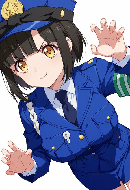 Smooth Quality,masterpiece,very intricate, high quality details, ultra realistic, high detailed skin,detailed enviorement,absurdres,
claw pose,
 <lora:Tachibana_Mei_CNR:0.8> mei_cnr,  black hair, short hair, bob cut, blunt bangs, yellow eyes, large breasts,mei_cnr_def, 1girl,police uniform, blue jacket, shirt, collared shirt, pencil skirt, blue necktie, armband, police hat, breast pocket,black footwear,, serious,, simple background, white background, dutch angle,solo,