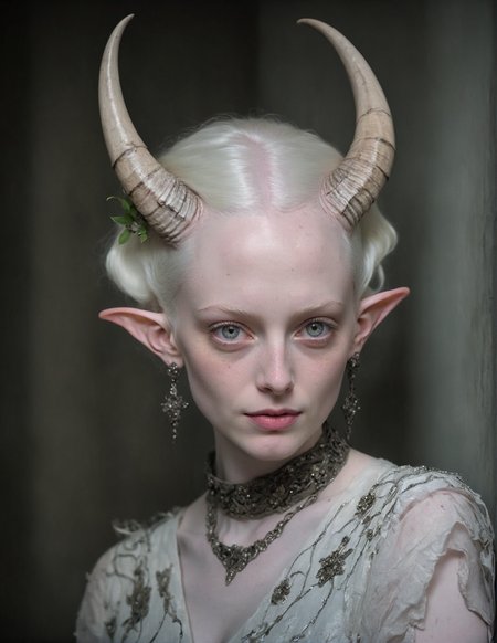 <lora:pale_demon:1.0> <lora:xmas_xl_v1:0.75> xmas (centered medium shot potrait photograph:1.2) of a [thick soft body : curvy muscular body:0.5], cute (smirking holiday albino demon girl woman:1.15), , , (decorated symmetrical intricate rose quartz antler horns adorned with mistletoe), , wearing intricate embroidered gown, (pointed elf ears:1.2), holiday earrings, jewelry, (short brunette bob cut hair:1.1), detailed large round glowing eyes, lips, (pale skin, nose freckles, detailed skin:1.2), (standing alone in a very dark abandoned prison, glowing eyes peering from the shadows, at dark twilight:1.25), dramatic lighting, 8K UHD RAW photo, Konica Hexar AF Camera, Æ4,  ISO 100, 15mm lens, (sharp focus:1.2)