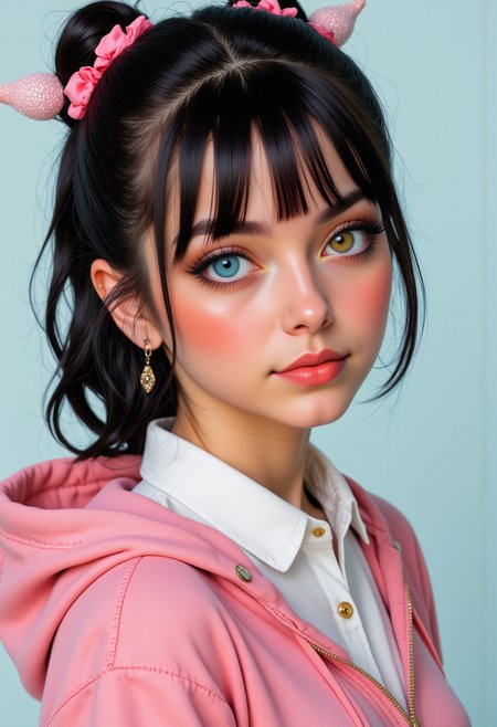 She is approximately 18 years old, she is smiling, Profile headshots, dynamic angles, she is looking at the camera, multiple angles,looking at camera, photoshoot poses;  she is standing. a photo of R@in, a young woman, with black hair. her right eye is yellow, her left eye is blue, and is wearing earrings., jewelry. retro50s_style, she is wearing a pink hoodie and a white shirt, She has a slight smile on her face and is looking directly at the camera. making this image a masterpiece of photography and digital art. realistic. making this image a masterpiece of photography and digital art. Style: realistic hyper-detailed rendering, 32k UHD, expressive eyes, punk, graphic design, girl's face, pretty and cute, gleaming lips, telling a tale of adventure. Exuding confidence and serenity. The overall mood of the image is happy and relaxed,detailed skin texture,(blush:0.2),(goosebumps:0.3),subsurface scattering,whimsical,Detailed hand, Perfect hand. Perfection style.,Niji style