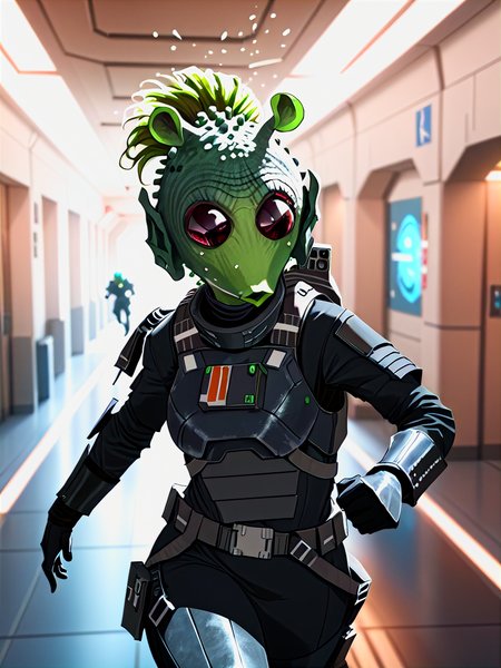 rodian alien woman in black armor,cinematic angle,running through space station corridor,explosions in the back, masterpiece, best quality, soft light, bokeh, real shadow, cinematic, subsurface scuttering<lora:RodianXL:0.8>