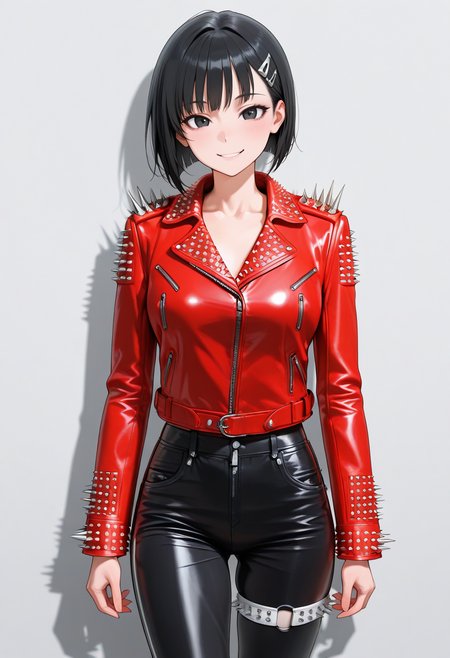 masterpiece,best quality,amazing quality, very aesthetic, ((outlined outlined vector graphics)), cute face, (glow eyes:0.5) ,  looking at viewer, cowboy shot, simple background,
1girl,20yo, black hair, black eyes, short bob hair, hair pin,mdeium  breast, slender,(white thigh strap:1.1),cute face,
,solo,  pov ,  looking at viewer ,
smile, happy,red jacket, ,, leather jacket, spiked leather jacket, large spikes, black pants  , heavy metal,  ,   standing ,  ,  , <lora:spiked-leather-jacket-il-01:1>
