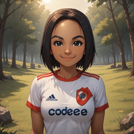 score_9, score_8, BREAK, solo, 1girl, black hair, black eyes, black eyebrows, blush, dark skin, dark skin female, RiverPlate, striped shirt, striped, shirt, white shirt, short sleeves, clothes writing, sportswear, soccer uniform, breasts, Yunyun_(Wii_Sports), cute, tall, thin, skinny, sexy pose, self portrait, smile, outdoors, sunlight, shadows, evening lighting, natural lighting, forest, trees, grass, orange sky, sunset