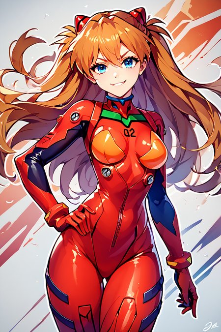 score_9, score_8_up, score_8, big breasts, (curvy), cute, eyelashes,      rating safe,   BREAK,  asuka langley soryu, long hair, bangs, blue eyes, brown hair, hair ornament, bodysuit, pilot suit, plugsuit, red bodysuit, interface headset,   BREAK,  dynamic pose, smile, smug, hand on hip,  smile, looking at viewer,   abstract background, mech in background, white outline, cowboy shot,   embedding:zPDXL, Expressiveh