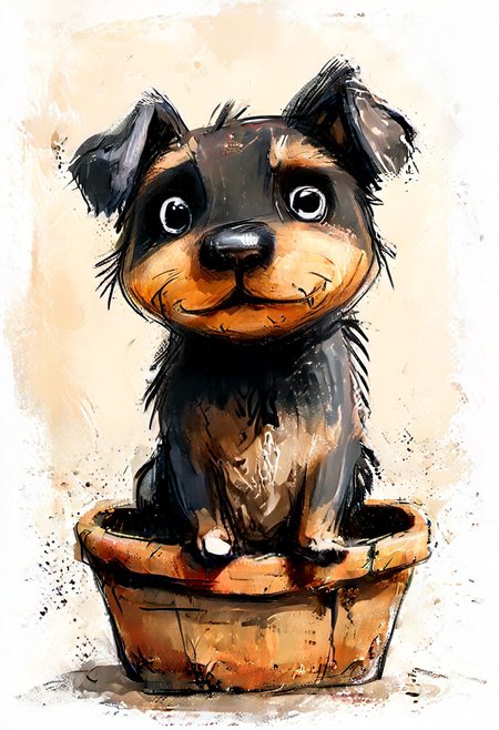 impactful color paint of cute drawing of a puppy in a wicker basket, sofa, pillows, highly detailed,  8k,   sharp,  professional, clear,   high contrast, crystal clear