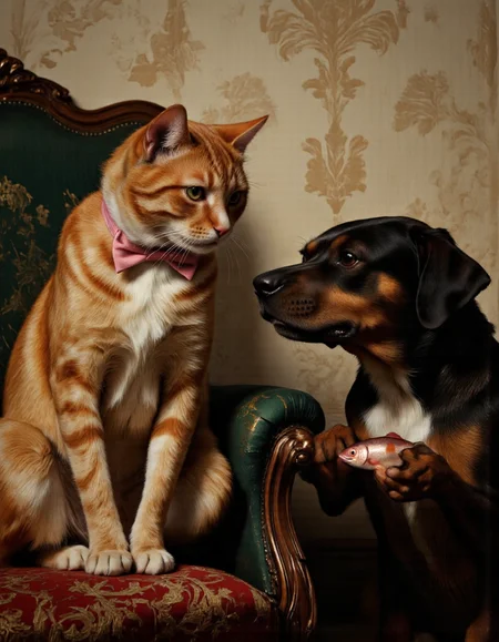 <lora:funnys:1>, This image is a hyper-realistic photograph capturing an enchanting and whimsical scene. It features two anthropomorphic animals seated on a vintage-style green armchair, rendered with meticulous attention to detail and lifelike textures. On the left sits a striped ginger cat with soft, velvety fur, its sleek coat showcasing intricate tabby patterns that ripple subtly under the light. Its large, round eyes reflect delicate highlights, making them appear almost alive, imbuing the cat with a sense of quiet intelligence. The cat wears a perfectly knotted pink bow tie, contrasting elegantly against its warm, earthy tones. Its expression is calm yet slightly aloof, as if lost in thought, while its lithe yet slightly chubby bodyâwith fine folds of skin visible around its neckârests comfortably with paws crossed in its lap., 
To the right, a black and brown dog with glossy, intricately detailed fur gazes intently at a small, shimmering pink fish held delicately in its paws. The dog's expressive eyes are filled with concern and curiosity, each strand of fur meticulously defined, creating a sense of tactile realism. The fish gleams under soft lighting, its scales catching the light with a pearlescent sheen, adding a touch of magic to the composition., 
The background showcases an old floral-patterned wallpaper, its intricate design rendered with stunning clarity. Subtle shades of beige and light brown blend seamlessly, while the delicate floral motifs feature muted colors that evoke nostalgia. The dark green armchair, upholstered in a fabric with a slightly worn texture, anchors the scene with its rich, tactile surface. A red and gold patterned cushion on the left side adds a pop of color and depth, its embroidered details crisp and vivid., 
The interplay of light and shadow enhances the three-dimensional quality of the photograph, lending it an immersive atmosphere. Every elementâfrom the lifelike textures of the animals' fur to the aged patina of the armchairâcreates a seamless blend of classic charm and modern precision. The result is a humorous yet heartwarming moment frozen in time, inviting viewers into a world where reality meets imagination. The ginger cat's striking striped pattern adds a playful and dynamic contrast to the serene setting, further enhancing the visual narrative.
