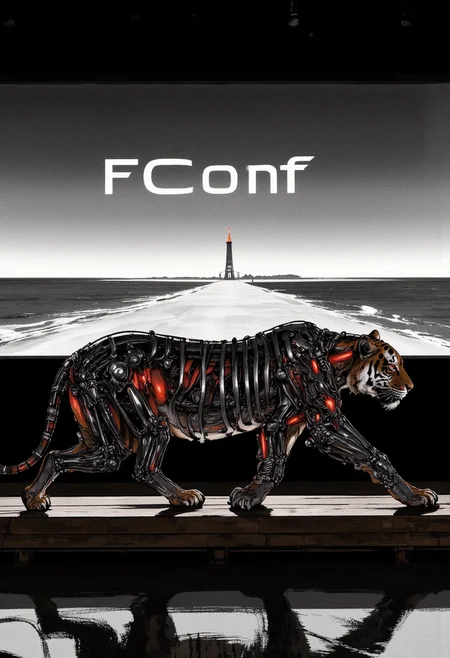 An image in style of ink wash painting, featuring (side profile:1.5) of cybernetic tiger walking towards the left of the frame on the black wooden floor. The tiger has a ((natural organic front half)) with detailed fur texture, while its ((rear half is exposed mechanical)), revealing intricate (metal skeleton, wires, and tubes) without skin. The tiger's ((eyes glow red)) intensely, symbolizing its synthetic nature. It walks across a technology exhibition platform in the center of the composition, with (focus on the tiger's head and face). Behind the platform lies complete darkness except for a large projection screen showing a vast ocean with a solitary lighthouse standing against the dark horizon. The screen features a black background with the title ((FConf)) prominently displayed in the center.