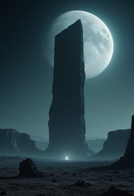 surface of a desolate moon, observing an immense alien monolith thatas emitting an eerie, pulsating light. cinematic. still, artistic.