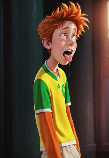 masterpiece, best quality, amazing quality, detailed background, intricate details, dynamic, cinematic, animated, anime realistic shading, solo, male focus, 1boy, handsome, tall, j0hnny, ginger hair, brown eyes, yellow and green t-shirt, orange shirt, light brown cargo shorts, green and blue sneakers, ikigao, heart shaped pupils, eye roll, open mouth, tongue out, saliva, abstract background, cowboy shot, dutch angle