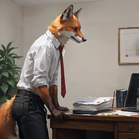 Score_7_up, score_8_up, re_an, painting, side view, from side, solo male, 
BREAK,
1boy, Fox, canine, bent over, white shirt, tie, black pants, standing over desk, ass, indoors, office,