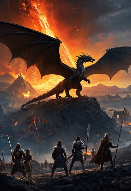 professional, (4k photo:1.1) , (Sharp focus:1.3), high detail, (extremely thin, slender, slim, long legs),
 <lora:spotlight:1> dark theme, silhouette, magical lighting, fantasy,
(During the Siege of the Twilight Fortress, a stronghold suspended between day and night, a commander with the ability to manipulate shadows leads her brigade of dusk warriors. They launch a daring assault under the cover of a permanent solar eclipse, battling a legion of light-wielders to control the time-bending powers of the fortress.,Volcanic eruption during a dragon attack, villagers flee as dragons swoop down, spewing fire against a backdrop of a massive erupting volcano, lava flows and ash clouds billow, camera angle wide to capture the scale of disaster and mythical combat, dramatic, apocalyptic scene.:1.2)
<lora:greg_rutkowski_xl_2:0.8> greg rutkowski, , (expressionism, impressionism, broad brush strokes:1.4)