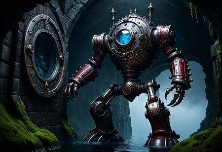 giant bipedal robot steel blue and red stripes and bronze silver paisley robot. lacy robot deep sea diving head. outside of a steampunk keep. large detailed torso. dark image. one forty foot tall ancient robot with great arms and two heavy spring legs. dark foggy night background. $dark foggy night image only. dark photo realistic image. steampunk details. cogs, chains and pipes incorporated in the fantasy buildings. magic wizards tower in background. Dark swamp, moss, castle ruins, wizards tower. stormy dark night. steel nightmare porthole