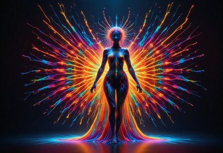 a full body fire entity with multicolored flames, professional photography of an fantastical warrior princess entirely made of cyberflies with whimsical elements, swirling magic, eerie fairytale landscape, elaborate fantasy style art, very colorful, intricate details, ultra sharp, exquisite detail, flawless composition, vivid colors, masterpiece, exciting background, TAS, TASvisuals, Psychedelic , Rave, Elaborate , Blacklight , Vibrant , cyberflies, black light paint, blp, Colorful Chaos Cracks and Drops, mad-glowtiedye, made out of,colorful,liquid,Murano Art Glass