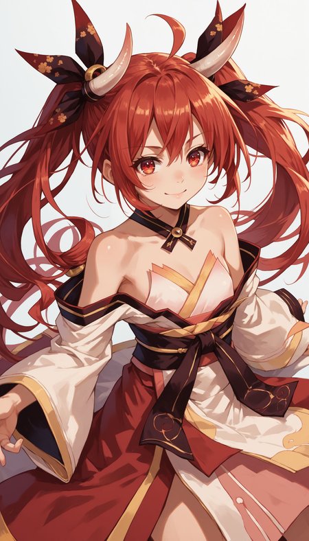 score_9, score_8_up, score_7_up, source_anime,
BBKotori, 1girl, horns, long hair, red hair, red eyes, smile, bare shoulders, japanese clothes, detached sleeves, ahoge,
 <lora:Itsuka Kotori :1> 1girl, red hair, red eyes, ahoge, twintails, hair ribbon, long hair