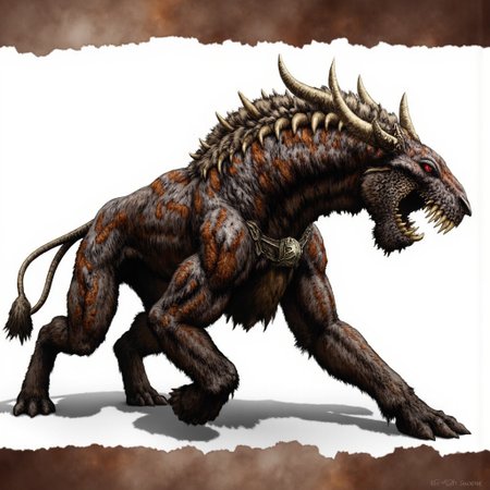 first person pov, 3D01S, simple background atmospheric and powerful dark fantasy, natural organic and first person pov of a 
a ferocious, quadrupedal beast with a hulking, sinewy frame that looks like a blend between a lion, hyena, and prehistoric predator. Its body is covered in patchy, coarse fur, mottled with scar-like markings, and stretched taut over prominent muscles, giving it a grotesque, rugged appearance. Its elongated, almost grotesquely horse-like head sports a maw filled with oversized, jagged teeth that look designed for rending flesh, and its lips are pulled back in a perpetual snarl, exposing yellowed fangs. The creature’s glowing red eyes smolder with malevolent intelligence, constantly scanning its surroundings for prey.
Its legs are stocky and end in cloven hooves, giving it a thunderous gallop, but its agility is uncanny for a creature of its bulk. The tail is long, sinewy, and whip-like, ending in a tuft of matted fur, adding to its predatory nature. Razor-sharp, bone-like ridges protrude slightly from its back, reinforcing the impression that this is a creature designed purely for combat and survival. It exudes a feral, almost supernatural aura, combining the ferocity of a predator with the calculated cunning of an apex hunter, a true monster of ancient nightmares.
UHD letterboxed game trailer frame chromatic aberration dark atmosphere sharp masterpiece with a focus on the character, elden ring style, dark atmosphere, chromatic aberration
