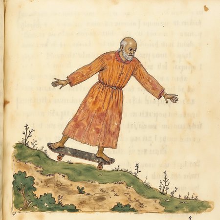 Illuminated manuscript illustration of a man in monk's robes doing a skateboard rail slide
