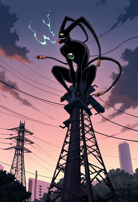 masterpiece, best quality, amazing quality, very aesthetic, absurdres, newest
feedback, solo, smile, , tail, 1boy, no humans, green eye, single eye, , digimon (creature), black skin, , alien, , , cables, , 
power plant, electric power plant, electric tower, climbing, tongue out, licking electricity,