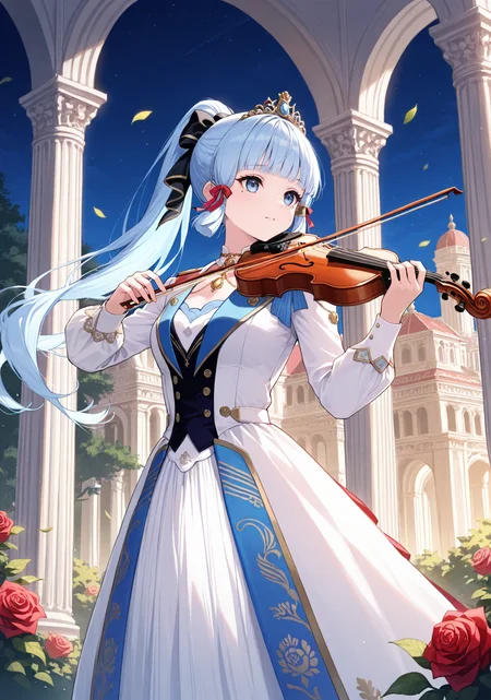 masterpiece, best quality, 1girl, solo, basekamiaya, light blue hair, blunt bangs, mole under eye, ponytail, long hair, hair ribbon, queen, royal gown, cape, regal, majestic, elegant, velvet, embroidered, ornate, elaborate, embellishments, long sleeves, intricate design, tiara, outdoors, architecture, pillar, bush, (nature:0.9), vines, scenery, rose, wind, falling leaves, holding instrument, holding violin, music, playing instrument, standing, violin, looking ahead, blue eyes, hair ornament, gemstone, jewelry, arch, night, night sky, dutch angle