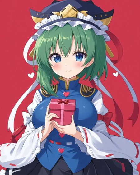 shiki eiki, hat, long_sleeves, heart-shaped_box, wide_sleeves, smile, black_skirt, 1girl, solo, holding, closed_mouth, blue_vest, blush, red_background, heart, striped_background, valentine, gift, bow, black_headwear, frills, ribbon, breasts, buttons, white_shirt, epaulettes, looking_at_viewer, dutch_angle
<lora:shiki_eiki_image6175_2023-12-14-000007:1>,star-shaped_pupils,symbol-shaped_pupils,. gorgeous,key visual, vibrant, studio anime,award-winning, professional, highly detailed,high budget, cinemascope