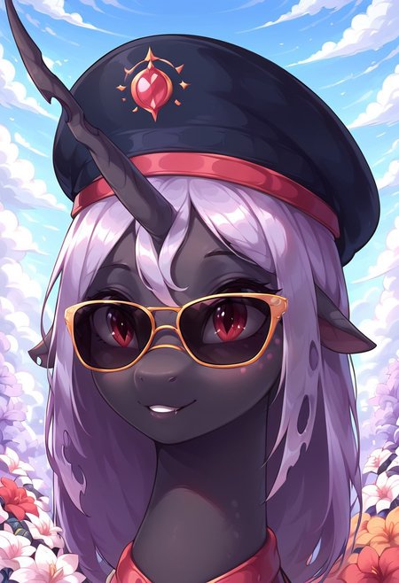 masterpiece, score_9, score_8_up, score_7_up, (best quality:1.1), ultra-detailed, high resolution, solo, Queen Gytha, changeling, feral, holey hoofs, ragged ears, crooked horn, insect wings, black skin, pink freckles, very light purple membrane hair, very light purple membrane tail, black eyebrows, (((beautiful detailed red eyes))), Highly Visible, cute, portrait of a leader, (sunglasses:1.3), (black beret with the emblem of the Greneclyf nation:1.5), sharp focus, perfect lighting, beautiful eyes, eyelashes, anatomically correct, extremely detailed, high detail, cute face, smile, expressive, flowery meadow, flowers, bright day, natural setting, beautiful nature, serene environment, detailed background, zPDXL2