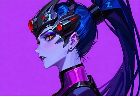 (by freng),(by xilmo),(by ciloranko),(by void 0),
newest, very awa, masterpiece, highres, absurdres, year 2024, year 2023,
from side,  looking at viewer, makeup,  widowmaker \(overwatch\),  overwatch 1girl, yellow eyes,  close-up, colored skin, purple skin, lipstick, purple lips,  long hair,  hair pulled back, hair up, head-mounted display, high ponytail, jewelry,  stud earrings, 
 purple background,simple background, 
<lora:LGSPX:0.4>  <lora:YTSKX:0.4>  <lora:ponyv6_vpred6:0.3> <lora:USNR STYLE_XL_lokr:0.3> usnr,