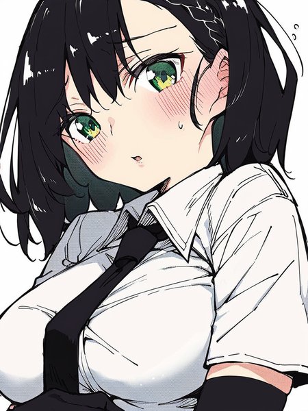 score_9, score_8_up, score_7_up,  
1girl, kokonoe chika, black hair, medium hair, braid, large breasts,
green eyes, blush, parted lips, shy, looking at viewer, white background, upper body, white shirt, short sleeves, necktie, black elbow gloves,