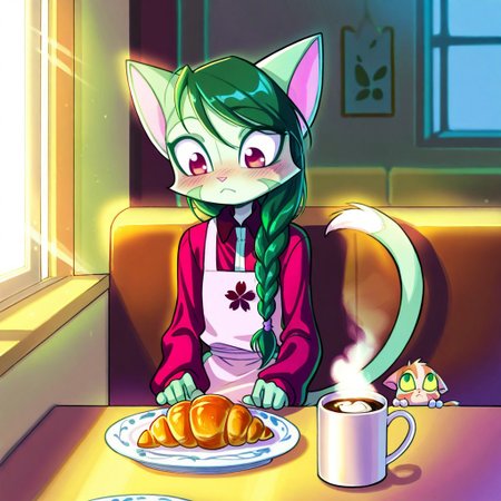 score_9, score_8_up, score_7_up,lilith_calah,
1girl,solo,furry,tail,dark green hair, source_furry,
 ,<lora:lilith_calah_illustrious:0.8>,
child, kid, 
sips hot cocoa while a tabby cat naps on her lap. A half-eaten croissant sits on a floral plate, and sunlight streams through café windows, cafe, cat, hot_chocolate, croissant, plate, sunlight, lap, blush, floral_print, window_seat, steam, apron, braided_hair