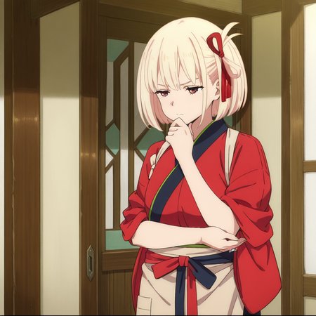 nsfw, masterpiece,best quality,amazing quality,1girl, solo, lycoris_recoil_chisato_nishikigi, blonde hair, solo, japanese clothes, red kimono, short hair, kimono, bangs, red eyes, red ribbon, thinking, ribbon, hair ribbon, apron, hand on own chin, tasuki, indoors, bob cut, <lora:Chisato_Nishikigi_-_Lycoris_Recoil:0.7>