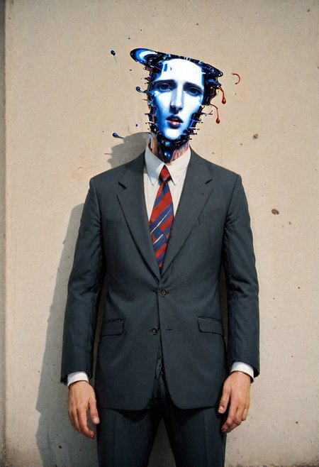 A hollow body, emerging from the neck a soul of light, the one that replaces what was once the man inside the suit and tie: and it hasn't. Nothing can replace it, yet the corporate logos, the Pepsi, the Coke, the Nintendos and so on speak through its neck and somewhere in the static, like an enigmatic face pressed against a saran wrap wall, it screams. And you see it there, late at night in the mirror: he is alive in there in the screaming thing that wakes into television and presses into its pillow like death like death like all that has wept and long gone down into the grave of night, the one that never sleeps now, and besides, the light stays on in the daytime too