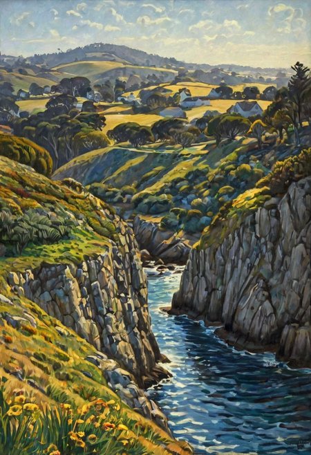by [[Chris Leib|John French Sloan|Janek Sedlar|Terry Redlin|Louis Rhead]:John French Sloan and Terry Redlin:0.35] [, landscape::1], Monterey bay
