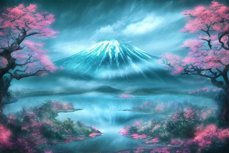 Mh1$AgThS2, intricate linework with expressive contrasts, soft lighting with dynamic highlights, a tranquil large lake in the uplands, sakura trees, blossom, mist, dawn, reflection, with mount fuji in the distance, no humans, In the style of ff-td, FanLan