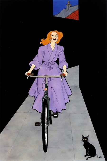 regr1 sketch 
A Japanese school girl riding a old style bicycle through a narrow, quiet street at night. The happy woman wears a simple, flowing purple dress. In the corner, a small black cat with piercing eyes sits watching her quietly. The mood is tranquil and slightly magical. <lora:regr1_fashion_nocap_d6a3:1.0><lora:807313999206143129:0>