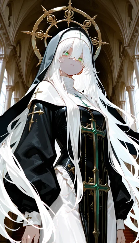 (masterpiece, best quality), amazing quality, very aesthetic, absurdres, highres, newest, photo-referenced, photo background, high contrast, intricate details, detailed background, dak depth, low kye,
1girl, solo, green eyes, white hair, between hair, very long hair, long hair, bung, hair over eyes, scarves, open eyes, white eyelashes, (drooping eyes), close-up, upper body, BREAK, low angle, nun, goddess, gothic, Gorgeous costume, intricate costumes, religious iconography, coif, cowboy shot, full body, standing, high angle, expressionless, (An enchanting delight) <lora:748cmSDXL:0.6>, <lora:薄塗り:0.45>, <lora:ponyv5_noobV065S_1:0.7>, <lora:spo_sdxl_10ep_4k:0.6>, <lora:GBF_Illustrious:0.4>, <lora:MeMaXL4:0.4>