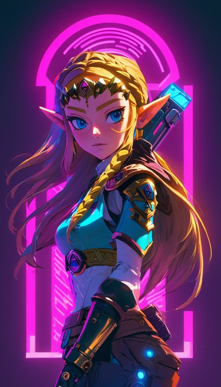 Zelda, (reimagined in a cyberpunk universe), (cyberpunk style), (cyberpunk), (cyberpunk outfit),  (punk hair), augmentation, cybernetics, glowing neon lights, cinematic scene, hero view, action pose, masterpiece, best quality, high quality, absurdres, vivid <lora:princess_zelda_v0.0.2:1>, detailed skin texture, (blush:0.5), (goosebumps:0.5), subsurface scattering