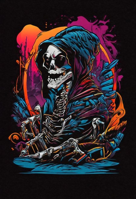 a detailed, cool, trendy, minimalistic voodoo punk skeleton kicking open a coffin and step out into the graveyard, for a t-shirt design, black background, vibrant colors, pretty, fine detail, clear professional, quality, aesthetic, glowing, dramatic light, beautifully scenic, rich deep vivid color, striking, epic, cinematic, symmetry, highly enhanced, complex, dynamic composition, creative <lora:wildlife-sdxl:1> t-shirt_design