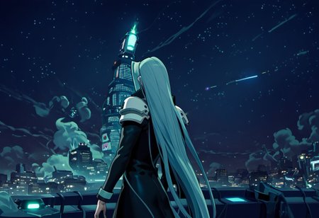score_9, score_8_up, score_7_up, asymmetrical composition, vaporwave, Lofi, Sephiroth looking board slumped on a stoop overlooking ShinRa tower, shinra_hq, shoulder armor, ShinRa headquarters, night, city, smoke, fog, smog, smoke stacks,, exaggerated perspective emphasizing action, Sephiroth fighting swinging very long sword, long billowing black leather overcoat, pitch black starry sky, solo, beautiful, androgynous, flat chest, leather straps, broad shouldered, high contrast, industrial cityscape background, Netflix, Studio Trigger, ff7, neolight,