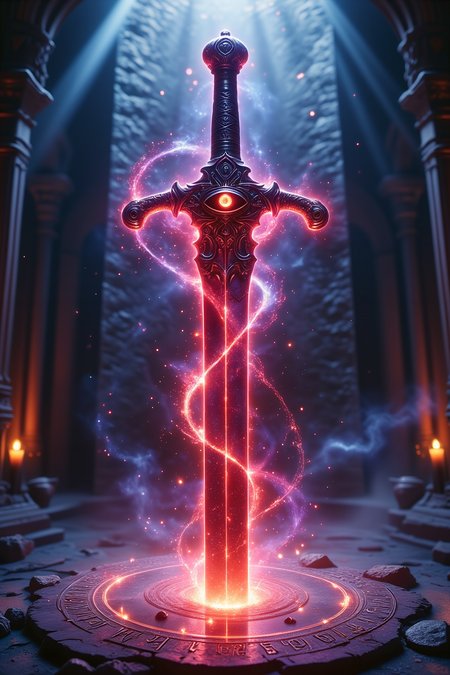 An upward, low-angle view from the ground focuses on a divine sword embedded in a stone altar. The sword's hilt and crossguard are intricately carved with delicate patterns, exuding craftsmanship and ancient elegance. Embedded in the swordâs hilt is a red, malevolent eye that glows ominously, contrasting sharply with the surrounding holy light. Along the blade, mystical runes glisten faintly, radiating an aura of immense power. The stone altar beneath is inscribed with glowing, mysterious symbols, casting a soft light across the scene.
Swirling bands of red and purple magical energy surround the sword, mixed with ancient sealing runes that bind the weaponâs potent, dark energy. The sinister red eye pulses in sync with the magical forces, adding an eerie sense of life. Behind the altar stands a towering monolithic rune-engraved stone slab, further accentuating the mystical and ritualistic atmosphere.
In the background, divine rays of holy light beam down from above, creating a radiant halo around the sword and altar, amplifying the sword's otherworldly and ominous glow. Particles of glowing dust float in the air, shimmering in the holy light. The entire scene is rendered in ultra-high detail, showcasing the smooth textures of the swordâs metal, the rugged stonework of the altar, and the glowing magical energy. Every element is highly contrasted and vibrant, blending holy and sinister energies, with meticulous attention to texture and lighting, creating a surreal, hyper-realistic atmosphere.
<lora:Aura_Flux:0.5>
<lora:Dever_Flux_Enhancer:0.5>
<lora:detailed_flux_ntc:0.75>