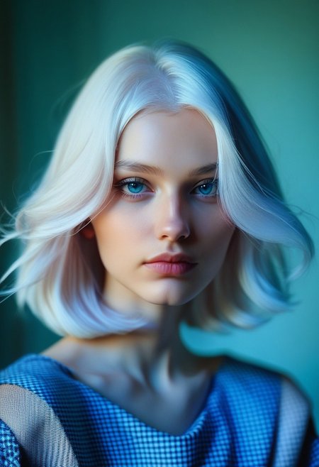 score_9, score_8_up, score_7_up, score_6_up, score_5_up, RSWMN, Russian woman, solo, white hair, realistic, looking at viewer, 1girl, lips, plaid, blue eyes, mole, medium hair, multicolored hair, closed mouth